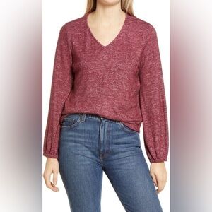 Bobeau Women's Marled V-Neck Cozy Top In Windsor Wine XS & S